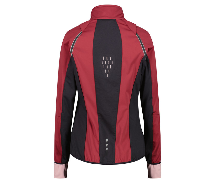 Zadní pohled na vínově červeno-černou bundu s dlouhým rukávem.