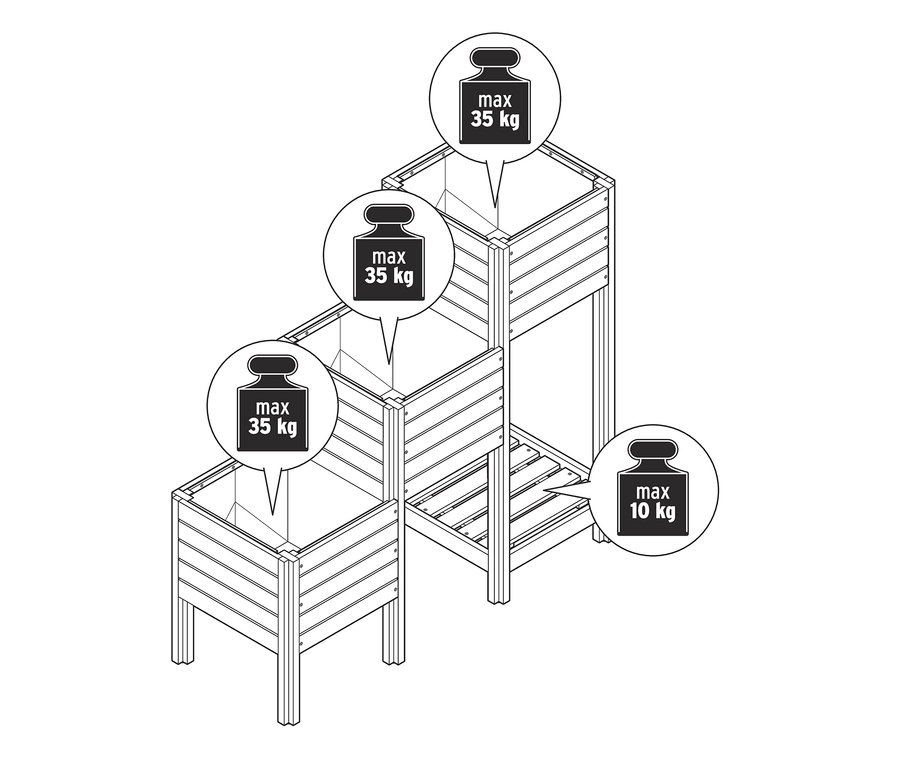 Ilustrace třípatrových schodů »Tinus« s policí, každé patro má jinou výšku a nosnost.