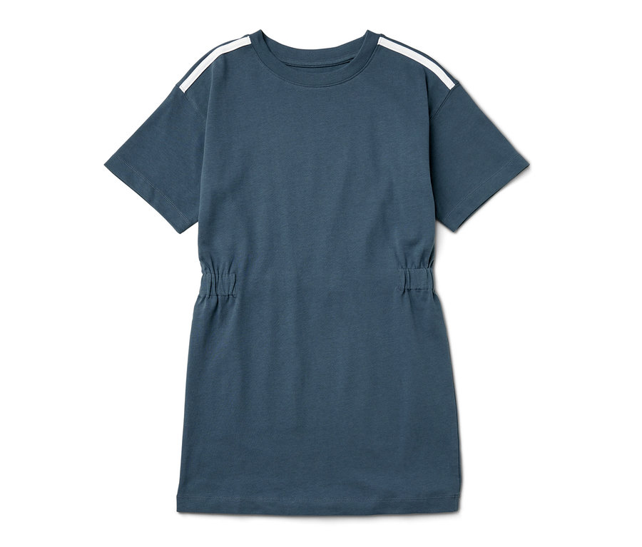 Modré dětské šaty z pevného žerzeje s bílými pruhy na ramenou.