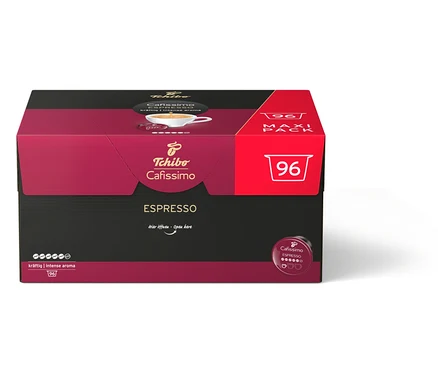 Balení kapslí Tchibo Cafissimo Espresso s nápisem „96 Maxi Pack“.