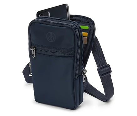 Tmavě modrá crossbody kabelka s telefonem a kartami.