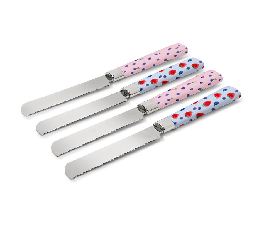 Čtyři snídaňové nože s různými vzory na rukojeti.