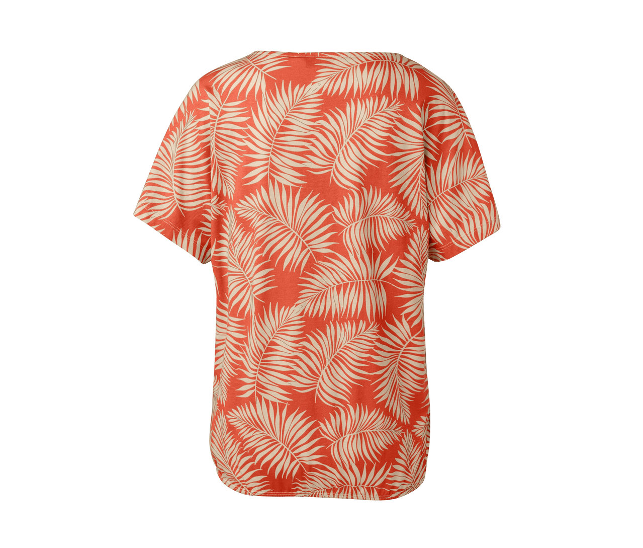Detail pohledu zezadu na oranžovo-krémové halenkové triko s potiskem listů.
