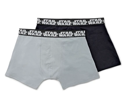 Dvoje pánské trenýrky: jedny šedé a jedny černé, oboje s nápisem STAR WARS na lemu.
