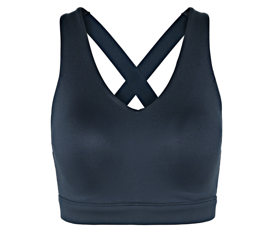 Tmavě modrá sportovní podprsenka s překříženými ramínky na zádech.