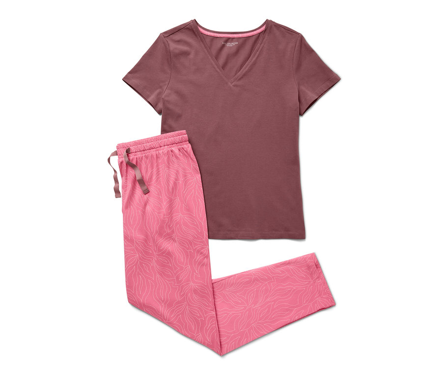 Růžové pyžamo s listovým vzorem a tričko s výstřihem do V.