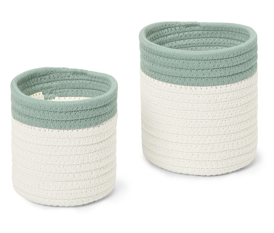 Dva úložné košíky, jeden menší a jeden větší, oba z bílé a světle zelené bavlny.