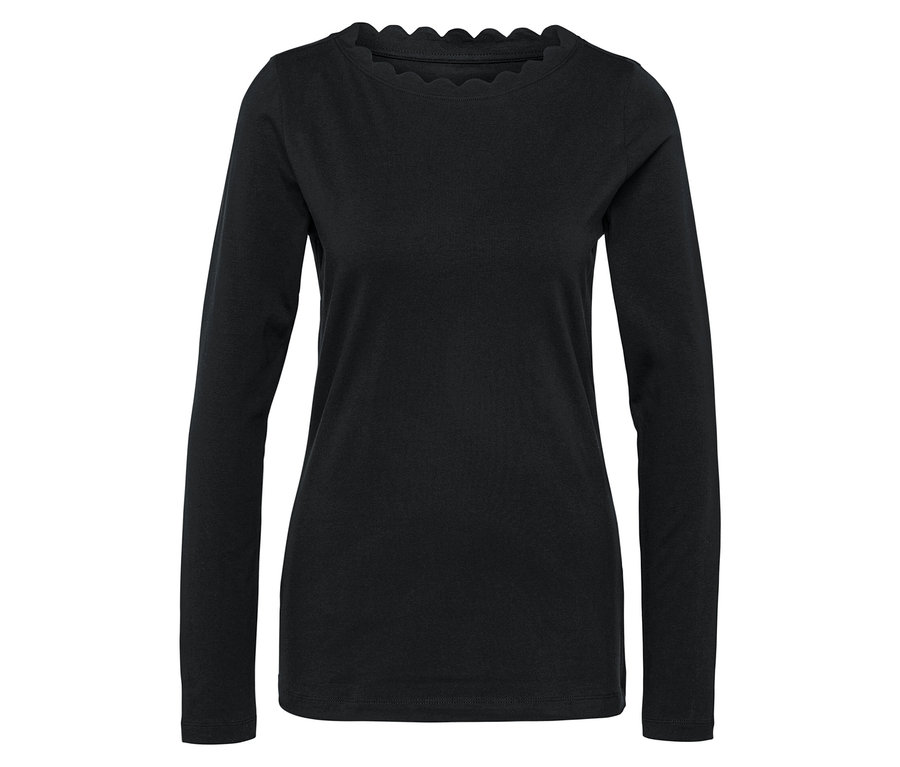 Černé tričko s dlouhým rukávem a ozdobným lemem u krku.