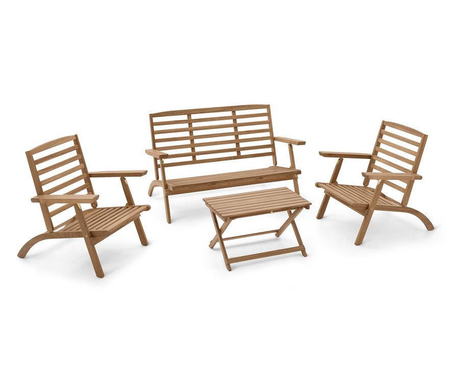 Zahradní souprava z dřeva sestávající z lavice, dvou židlí a stolu.