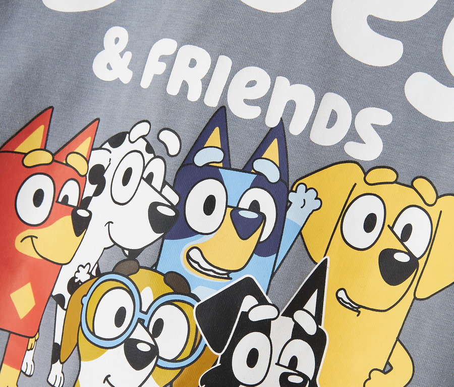 Potisk na šedé látce s postavičkami z kresleného filmu Bluey & Friends.