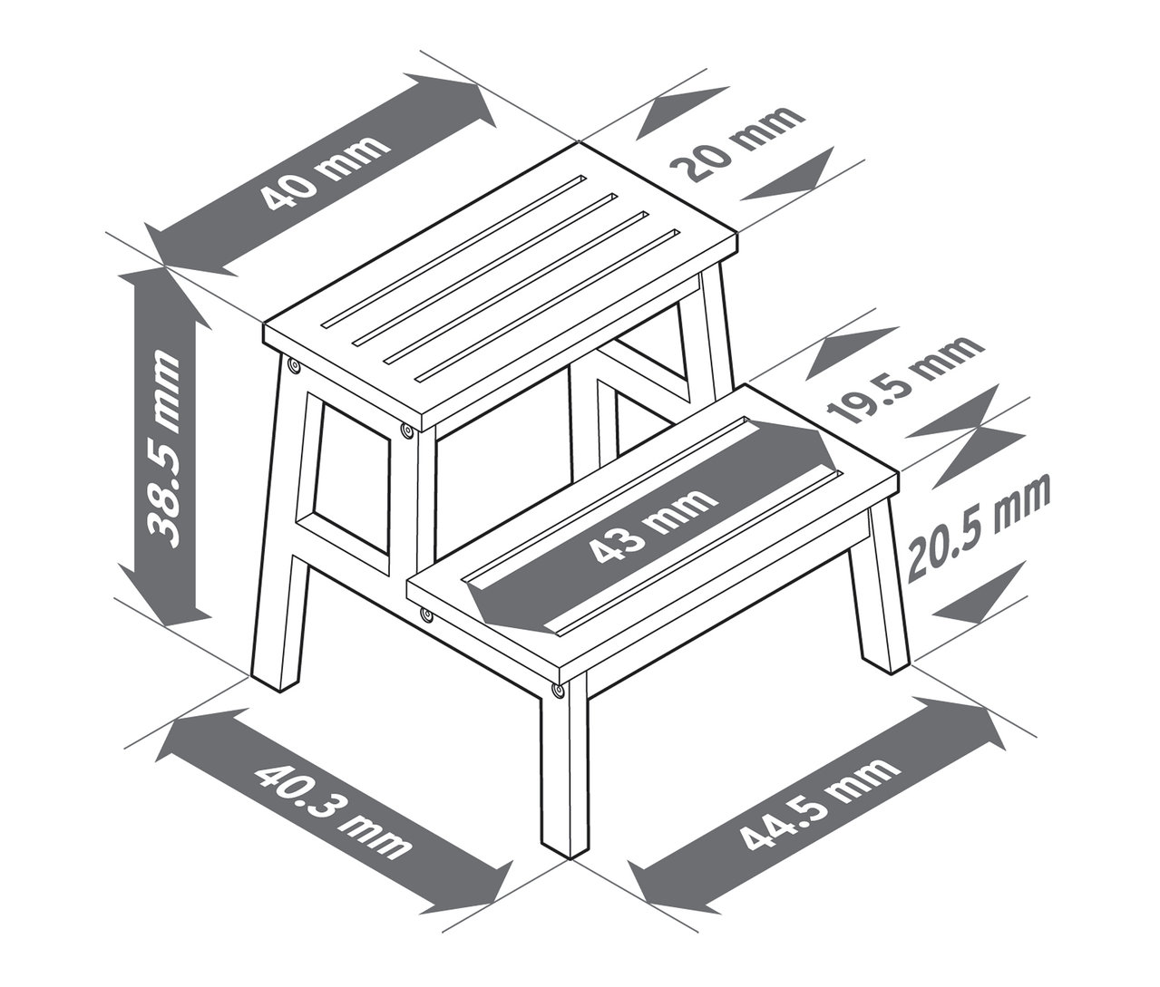 Ilustrace schůdkové stoličky z masivního dřeva s rozměry v milimetrech.