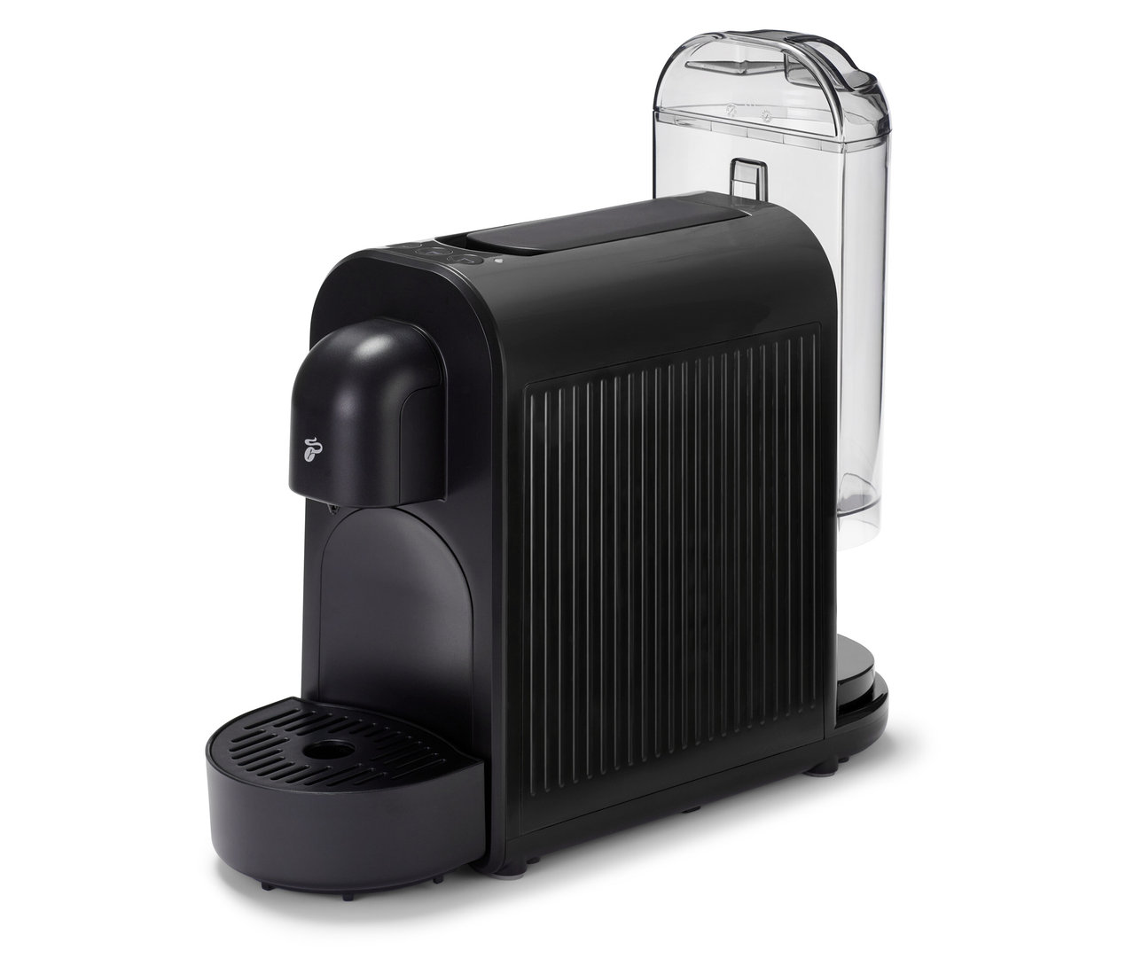 Černý kávovar Cafissimo now black stojí na bílém pozadí.