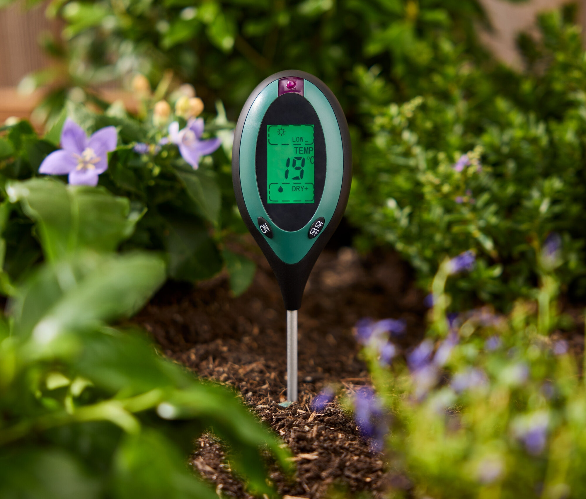 Zelený měřič půdy zapíchnutý v zemi mezi rostlinami.