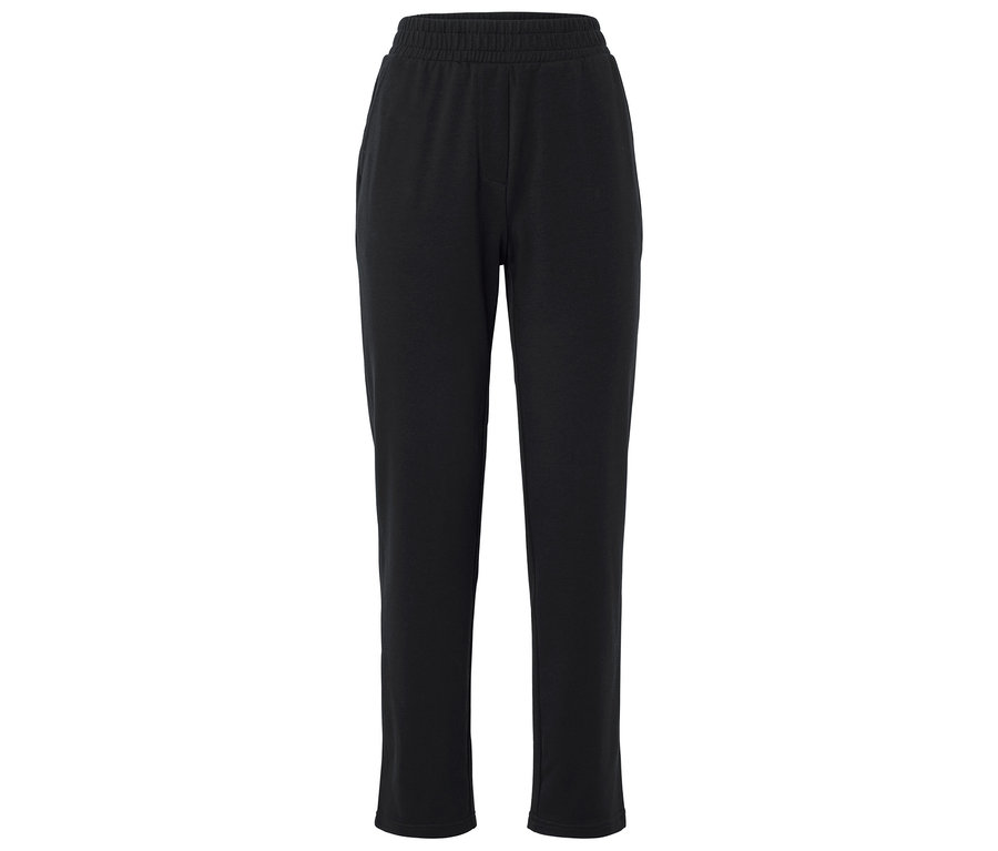 Černé tepláky s elastickým pasem na bílém pozadí.