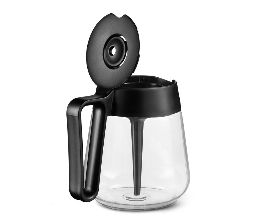 Detailní pohled na černý překapávač na kávu »Let's Brew« s otevřeným víkem.
