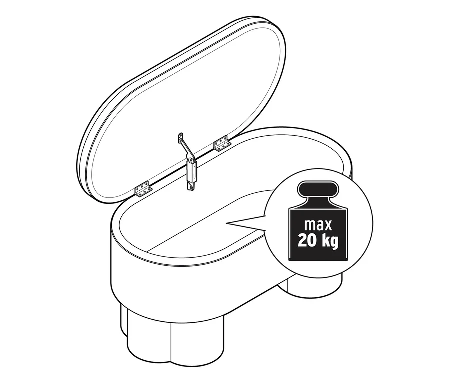 Perokresba otevřené lavice s úložným prostorem a buklé potahem, s víkem zvednutým odhalujícím interiér a ikonou maximálního zatížení 20 kg.