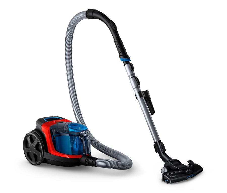 Červeno-černý bezsáčkový vysavač Philips FC9330 s průhlednou nádobou na prach.