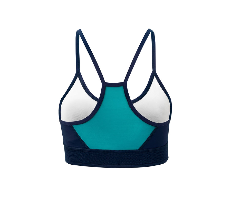 Detail sportovní podprsenky s modrými ramínky a tyrkysovou vsadkou.