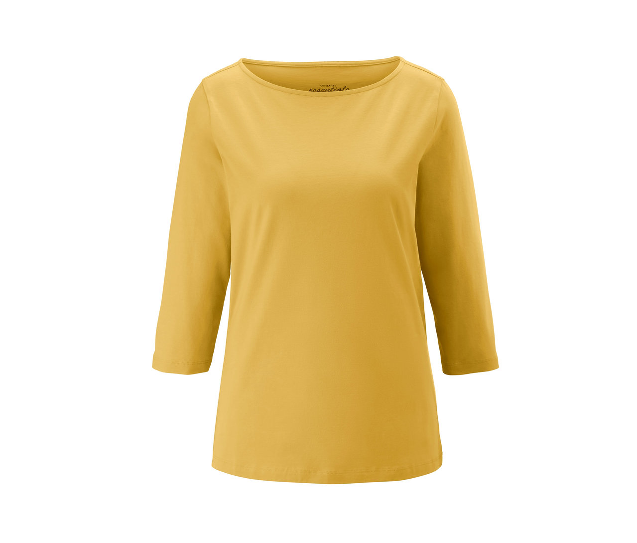 Žluté triko s lodičkovým výstřihem.