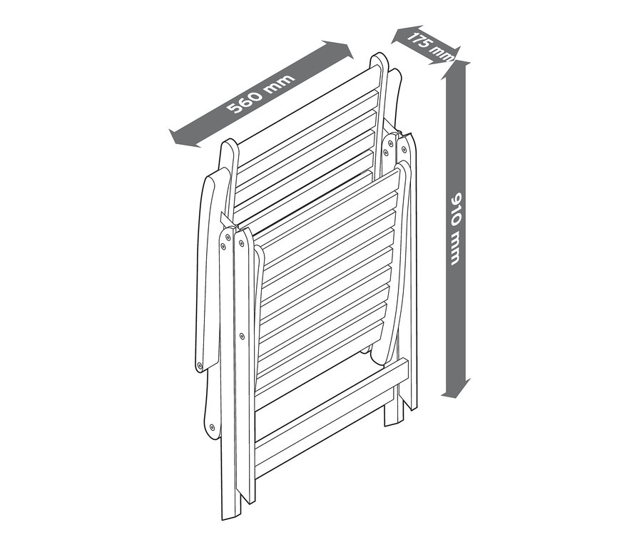 Ilustrace složené teakové židle s vysokým opěradlem a rozměry 560 mm na šířku, 175 mm do hloubky a 910 mm na výšku.