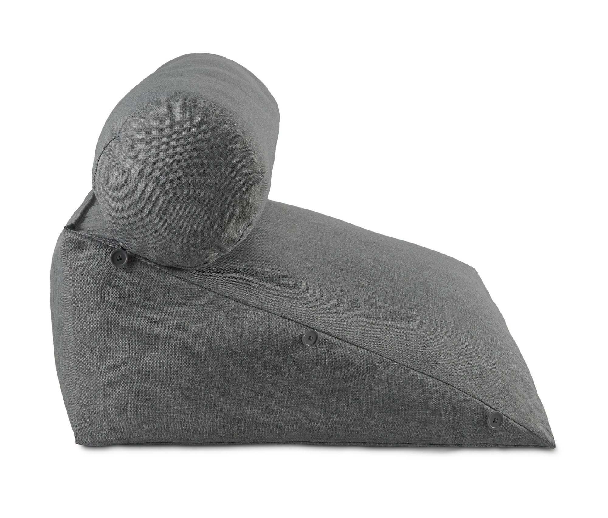 Šedý polštář za záda se šíjovým polštářkem.