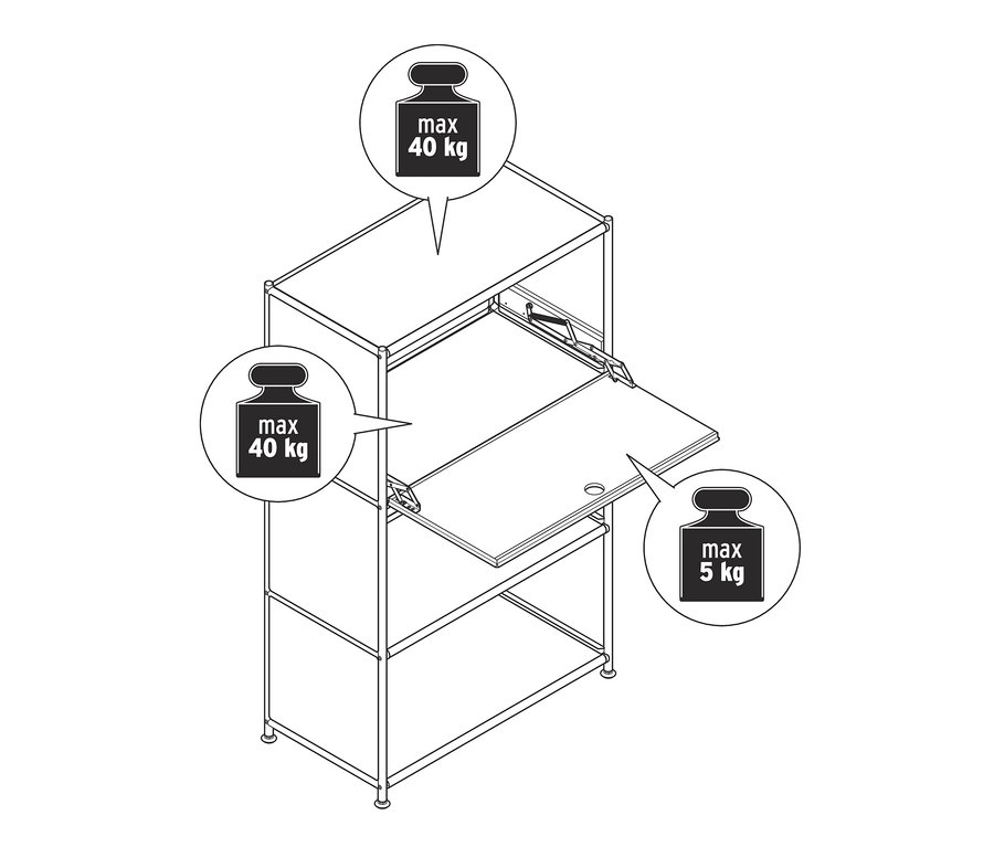 Náčrt kovového sekretáře »CN3« se dvěma policemi a výklopnou deskou. Maximální nosnost horní police a vnitřní police je 40 kg, výklopné desky 5 kg.