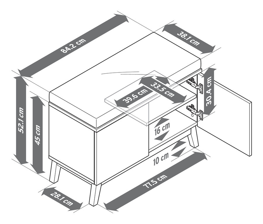 Ilustrace lavice na sezení s úložným prostorem a rozměry.