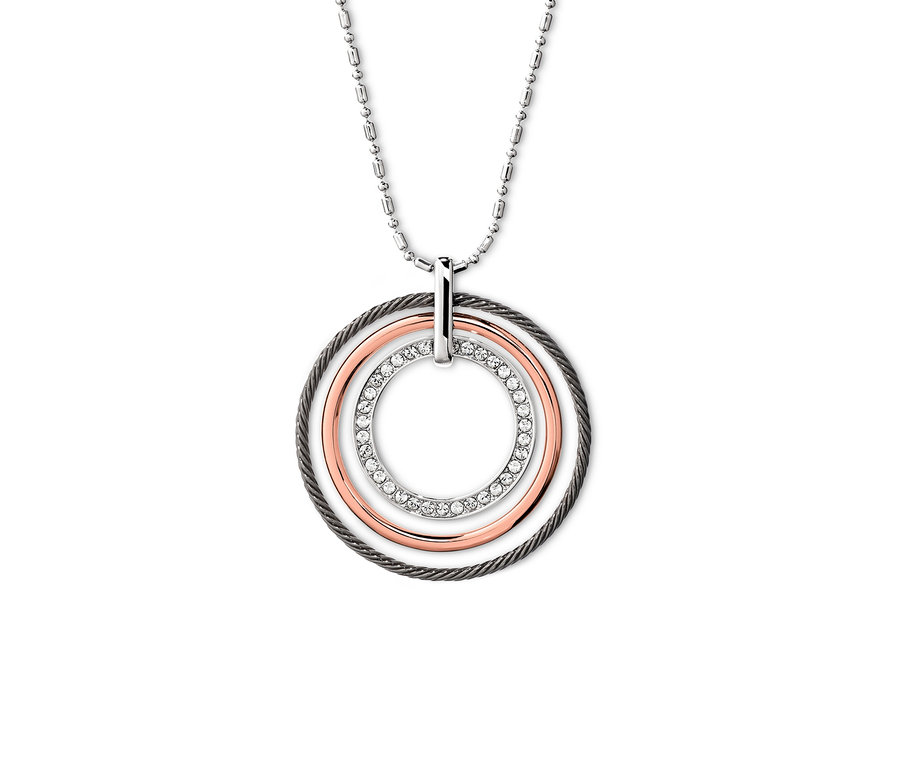 Stříbrný náhrdelník zdobený kamínky Swarovski® se skládá ze tří kruhů. Jeden je stříbrný s kamínky, jeden měděný a jeden šedý.