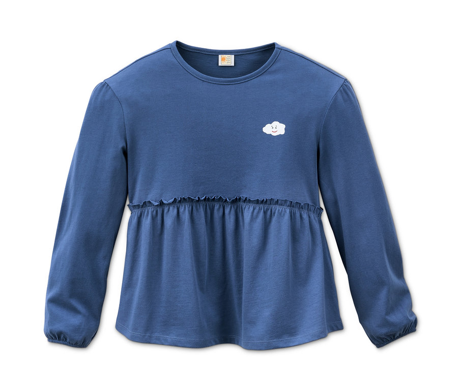 Modré tričko s dlouhým rukávem z biobavlny s volánem a motivem mráčku, 1 ks.