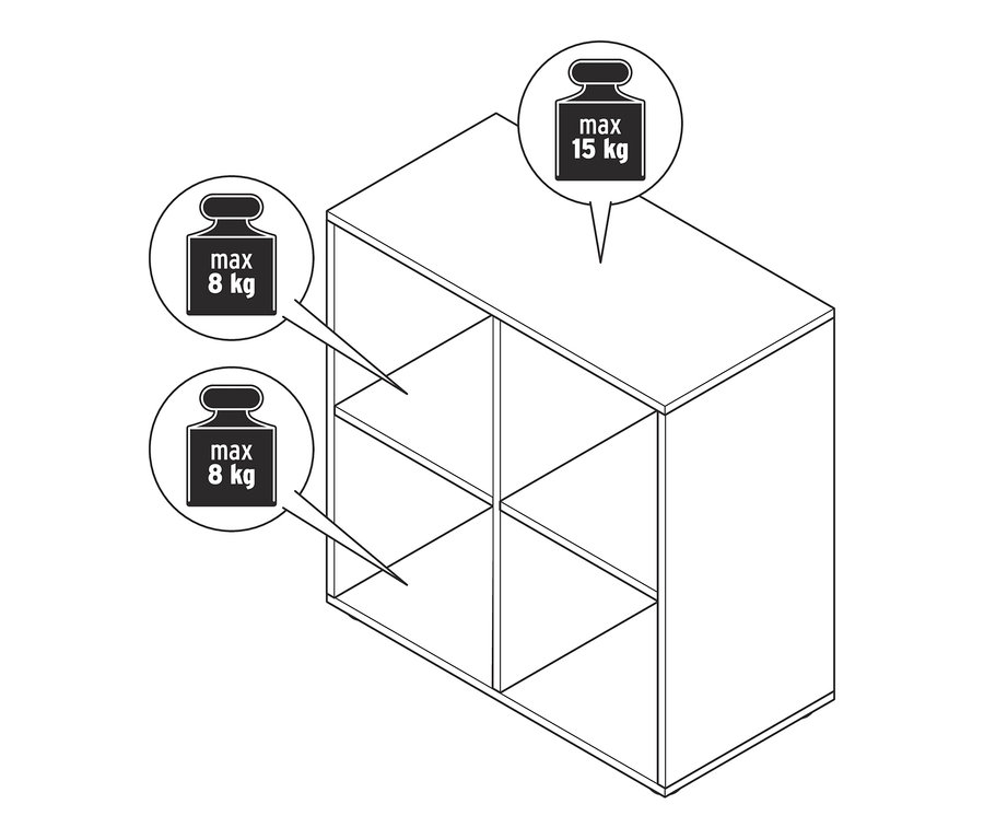 Nákres regálového modulu Flemming 75 x 75 cm, otevřený, bílý a dubový dekor, s maximální nosností 8 kg na polici a 15 kg na horní desku.