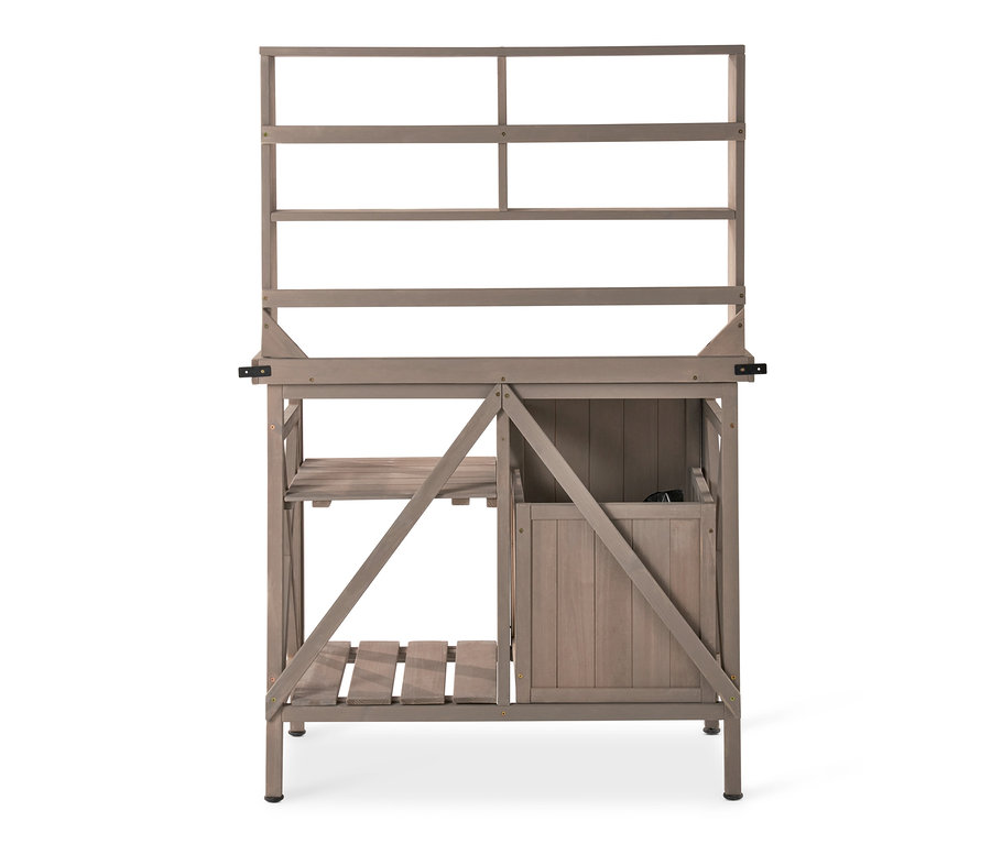 Stolek na zahradu Jonte s regálem a nádobou na odpad.