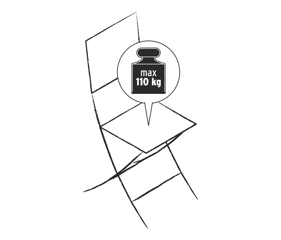 Ilustrace skládací zahradní židle s područkami a maximální nosností 110 kg.
