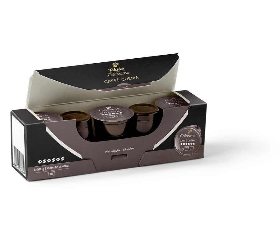 Otevřené balení s deseti kapslemi Caffè Crema silná.