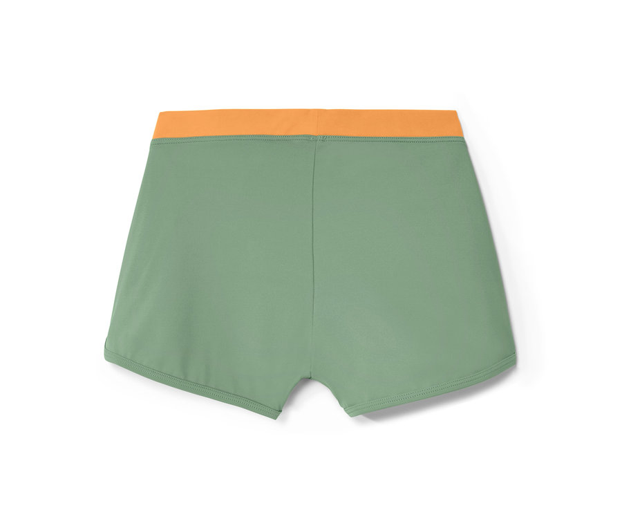 Zelené dětské plavky s oranžovým pasem ze sady dětských dvojdílných plavek, 3dílné.