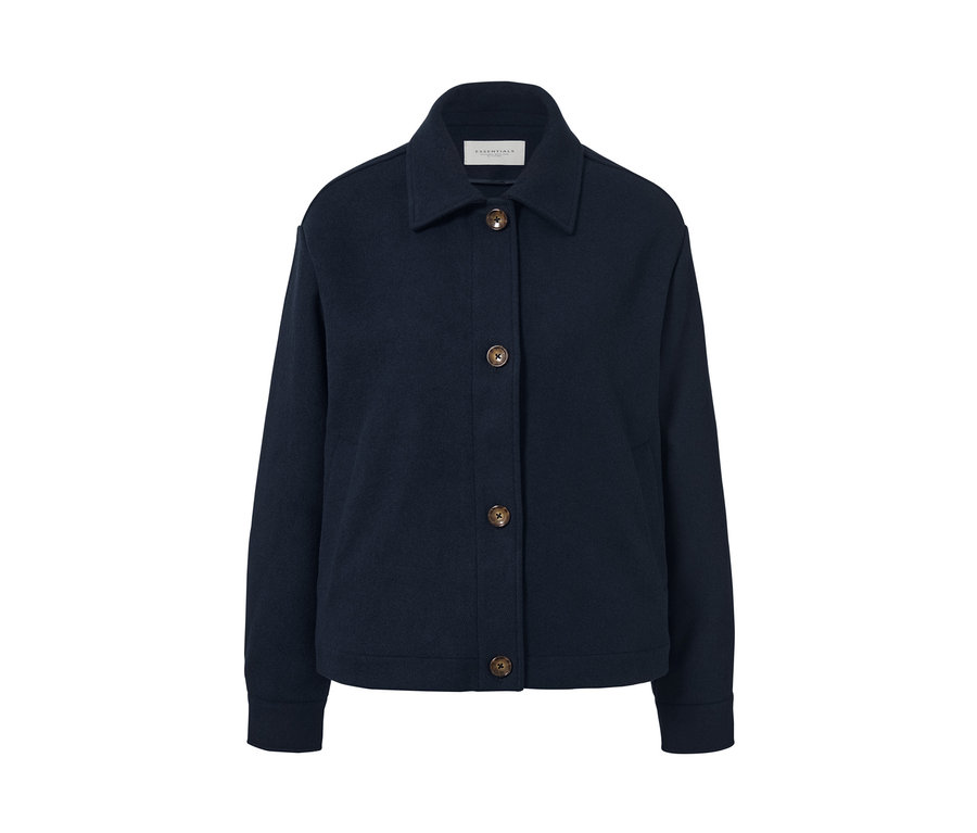 Tmavě modrá krátká bunda na přechodné období s hnědými knoflíky.