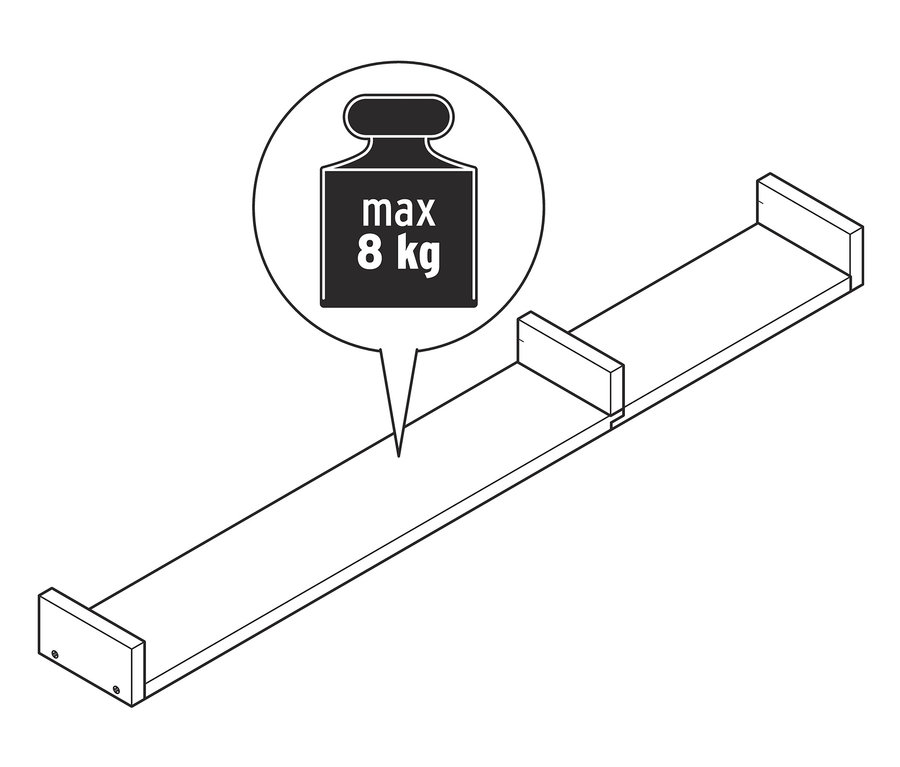 Ilustrace nástěnné police, cca 120 cm, s maximální nosností 8 kg.