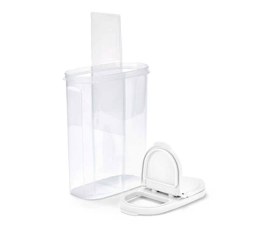 Průhledná dóza na potraviny 2 v 1 s otevřeným bílým víkem.