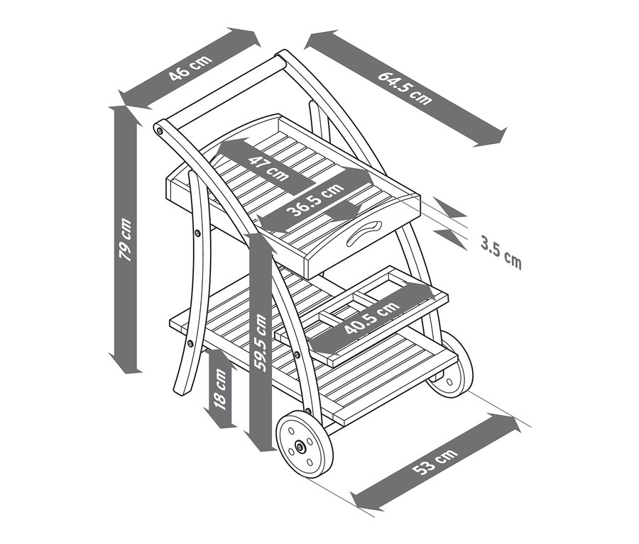 Ilustrace barového vozíku s odnímatelným podnosem a rozměry.