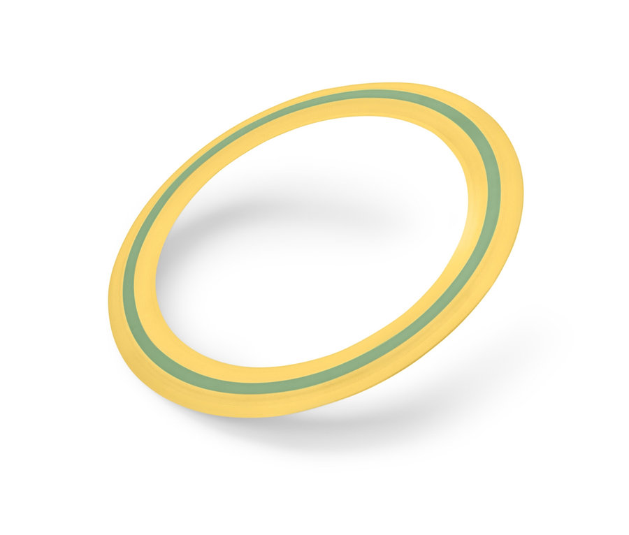 Žlutý létající talíř s zeleným pruhem na bílém pozadí.