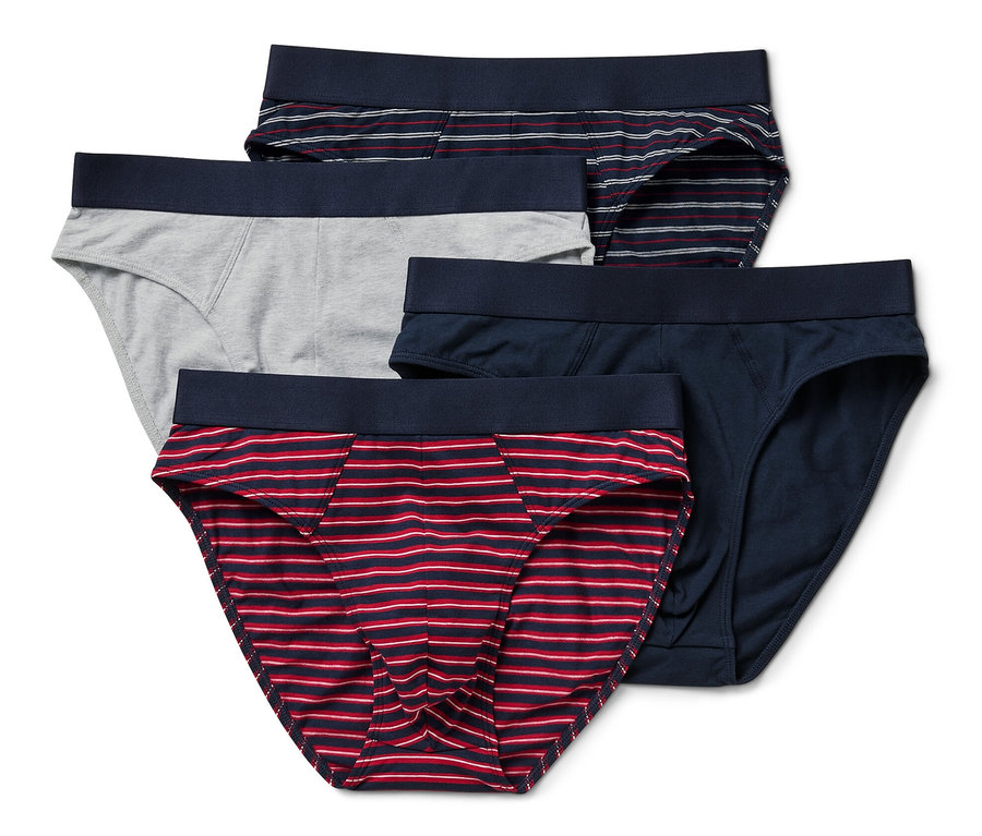 Čtyři kusy slipů různých barev a vzorů.