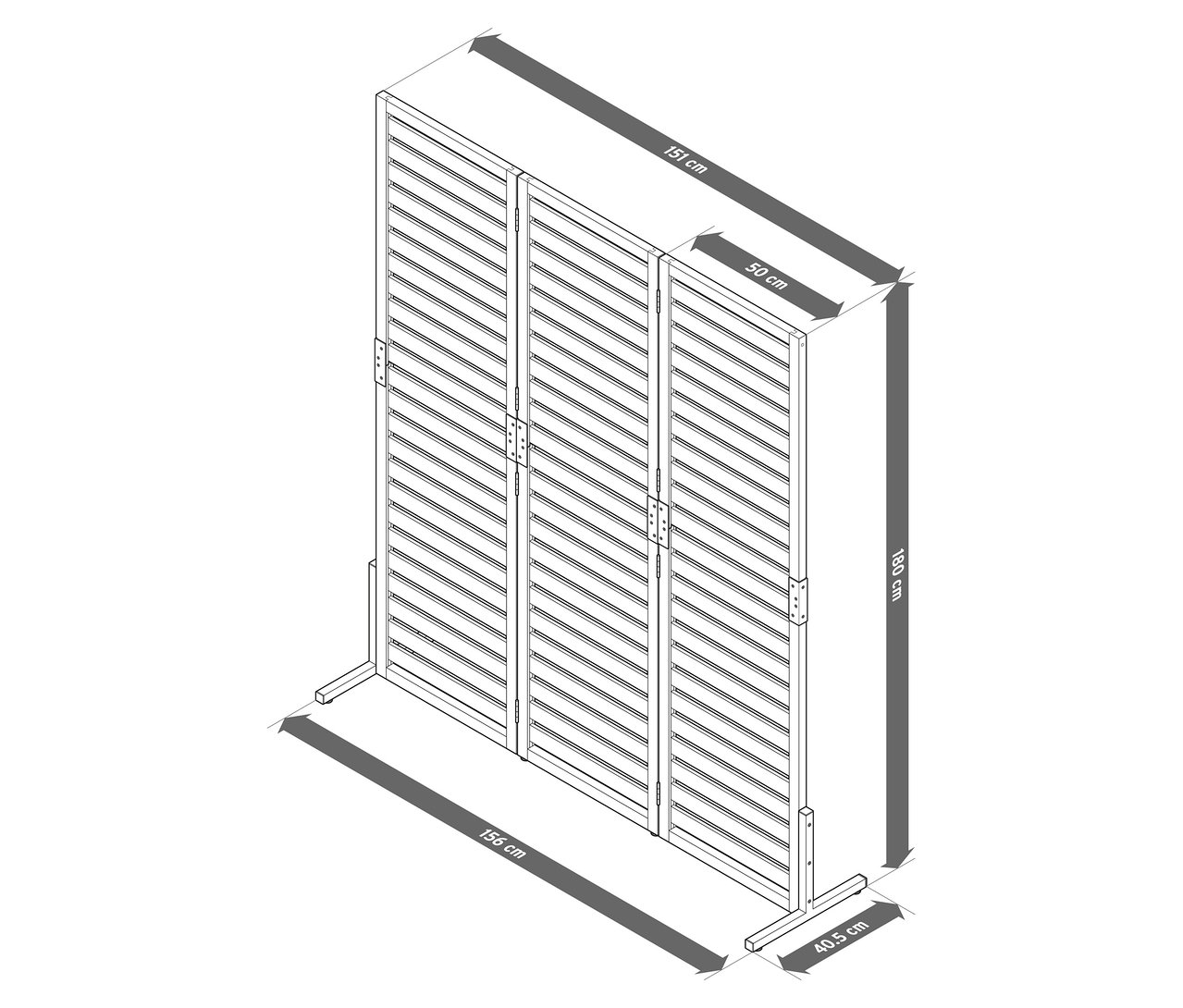 Ilustrace třídílné zástěny s rozměry, včetně výšky 180 cm, šířky jednoho dílu 50 cm a celkové šířky 151 cm.