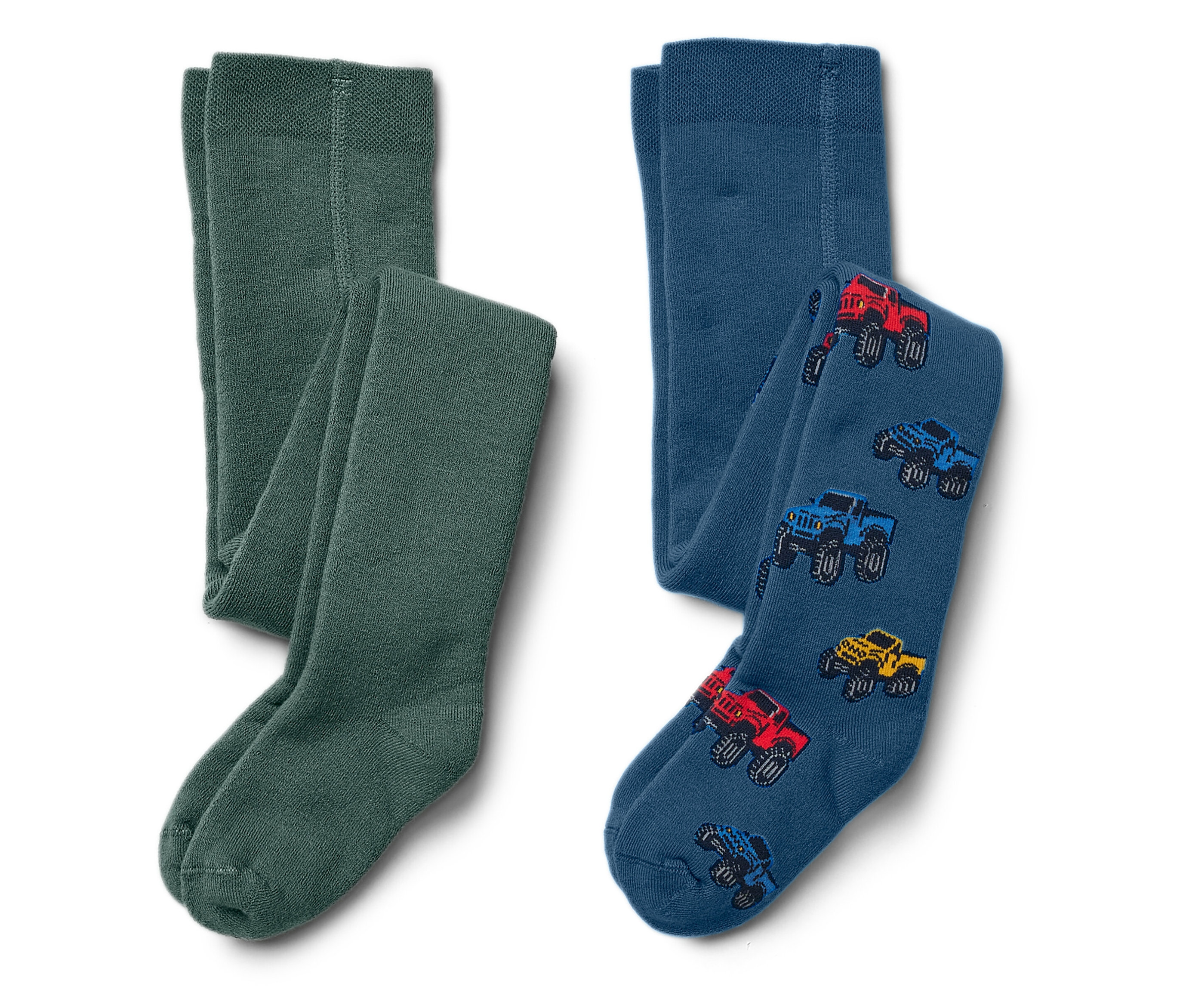 Dvoje dětské punčochy: jedny zelené, druhé modré s potiskem aut.