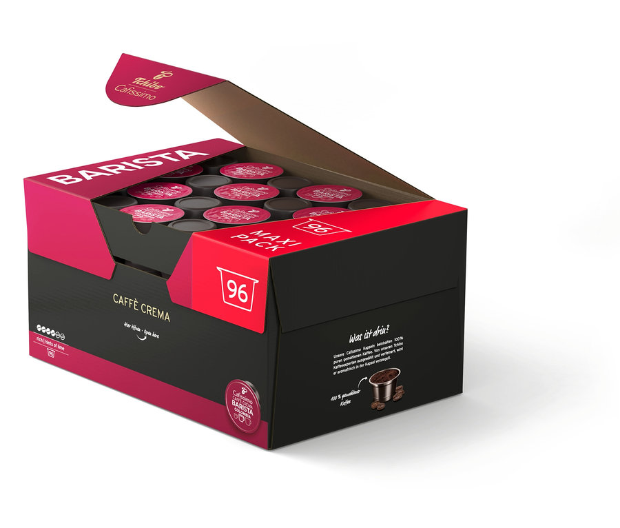 Otevřené balení kapslí Cafissimo BARISTA Caffè Crema s 96 kapslemi.