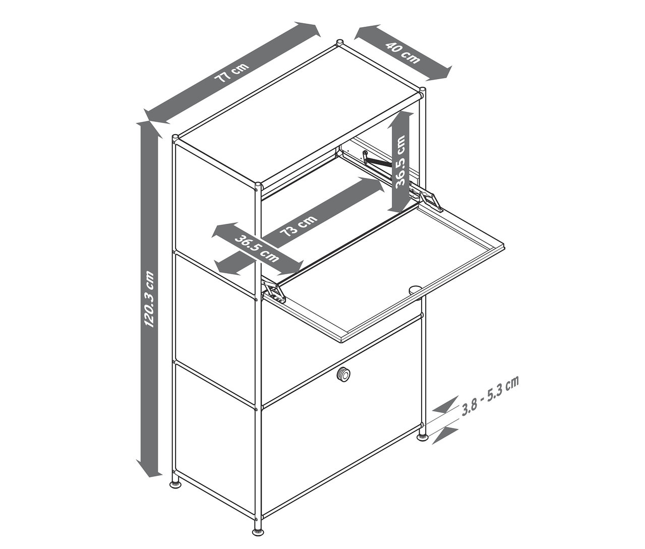 Černobílý nákres skříňky s rozměry, s otevřenou horní částí a výklopnou deskou.