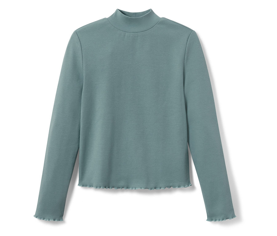 Zelený žebrovaný top s dlouhým rukávem a rolákem.