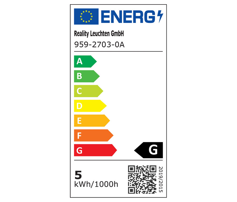 Energetický štítek s třídami energetické účinnosti A až G, QR kódem a hodnotou spotřeby.