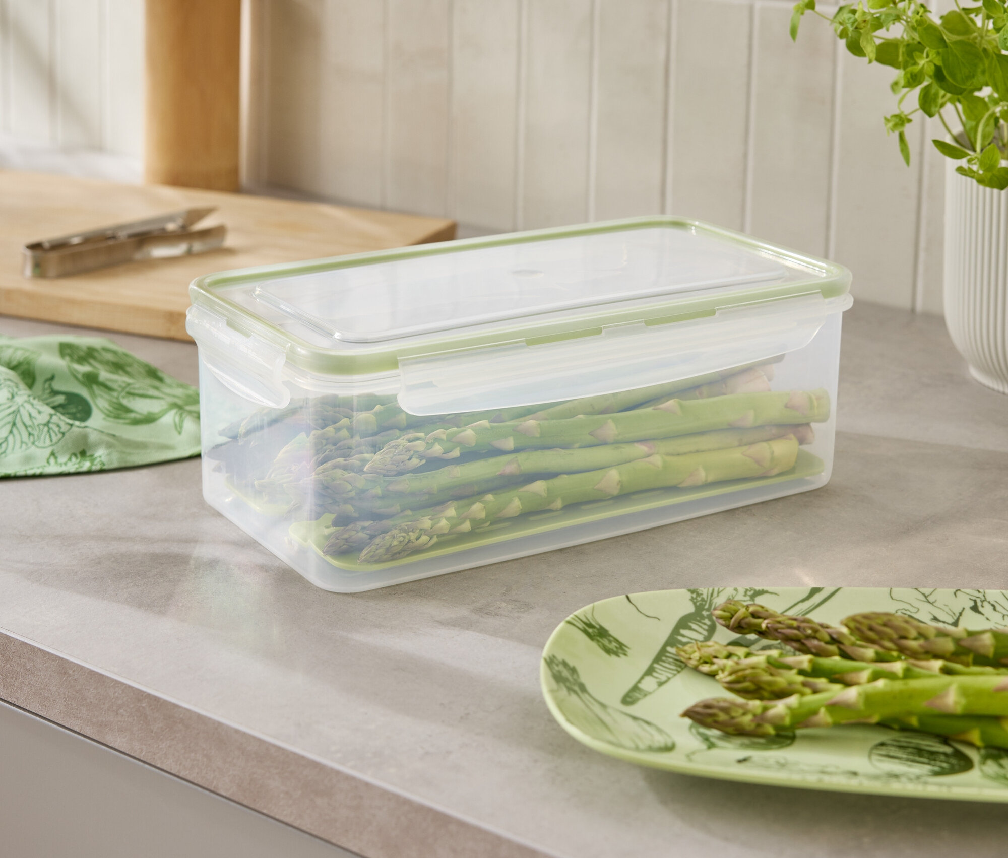 Na kuchyňské lince je nádoba s chřestem, talíř s chřestem a rostlina.