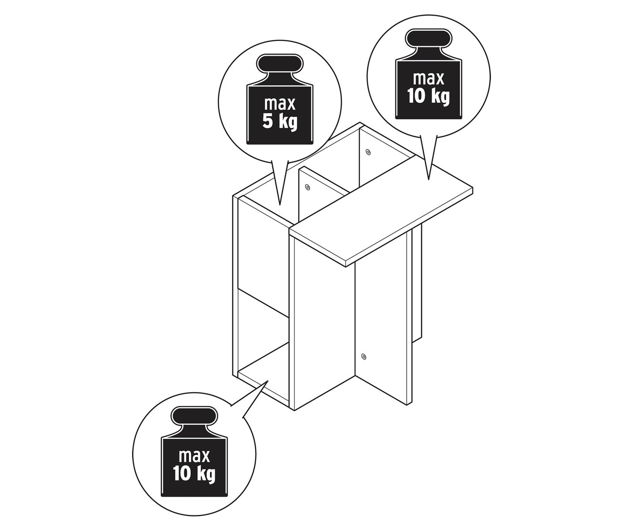 Ilustrace odkládacího stolku v dřevěném vzhledu s údaji o hmotnosti.