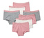 Sedm dívčích kalhotek v starorůžové barvě leží na bílém pozadí.