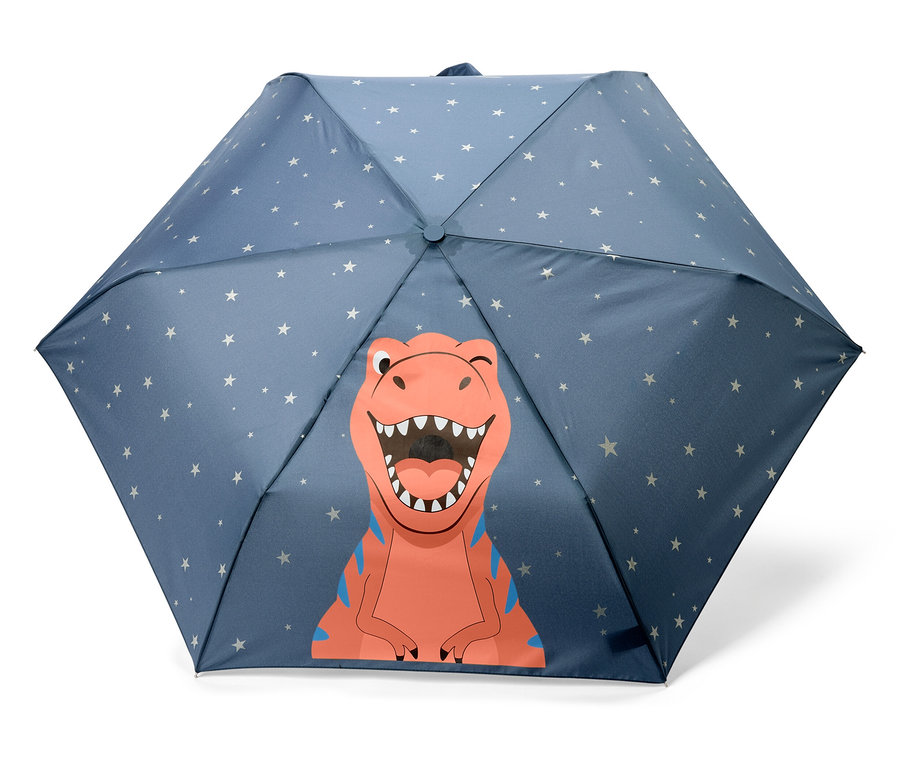 Modrý deštník s bílými hvězdami a oranžovým dinosaurem s modrými pruhy.